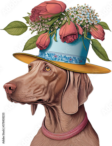 weimaraner wearing a floral top hat