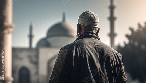 Back view of a Religious Muslim man praying, a Mosque in the background. Generative AI.