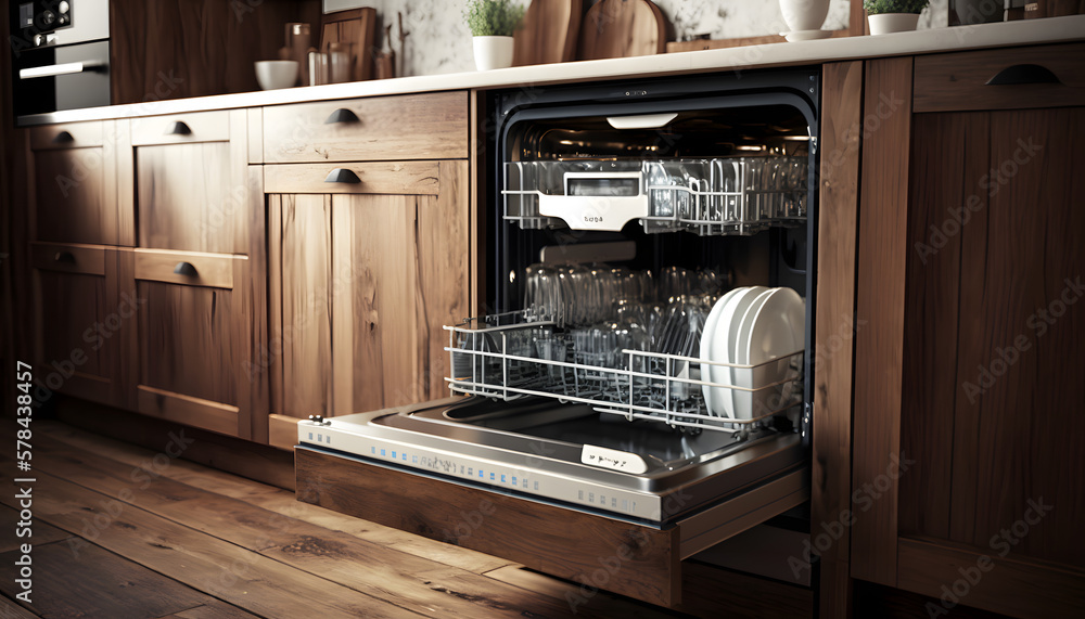 Close up dishwasher in a kitchen, 3D render, generative AI Close up dishwasher in a kitchen, 3D render, generative AI