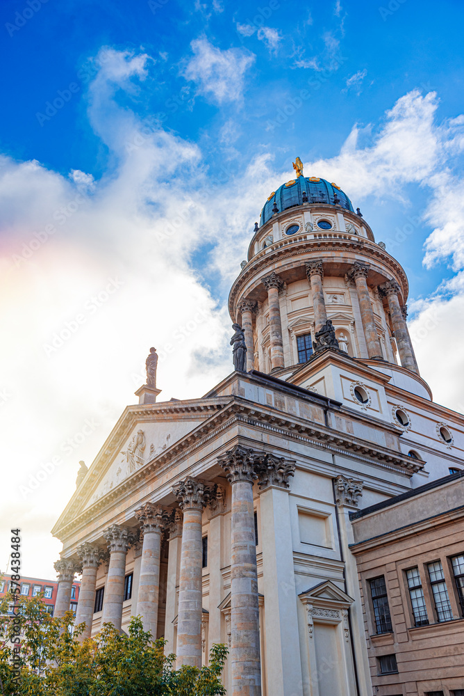 Berlin - French Cathedral at sunrise against the blue sky.