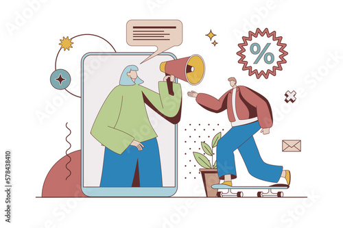 Outbound marketing concept with character situation in flat design. Woman making advertising campaign and sending promo letters for attract client. Vector illustration with people scene for web