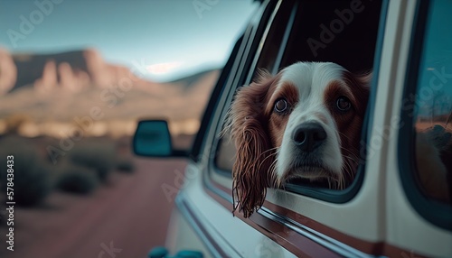 cute dog hanging its head out of a moving car. Generative AI.