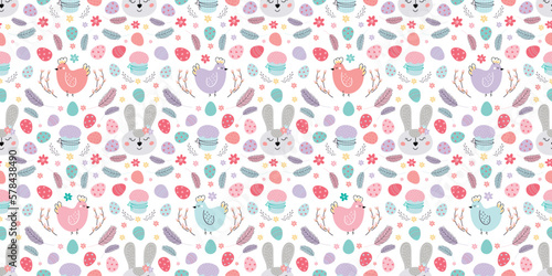 seamless Easter pattern with bunny. Pattern with Easter bunny, eggs, cake