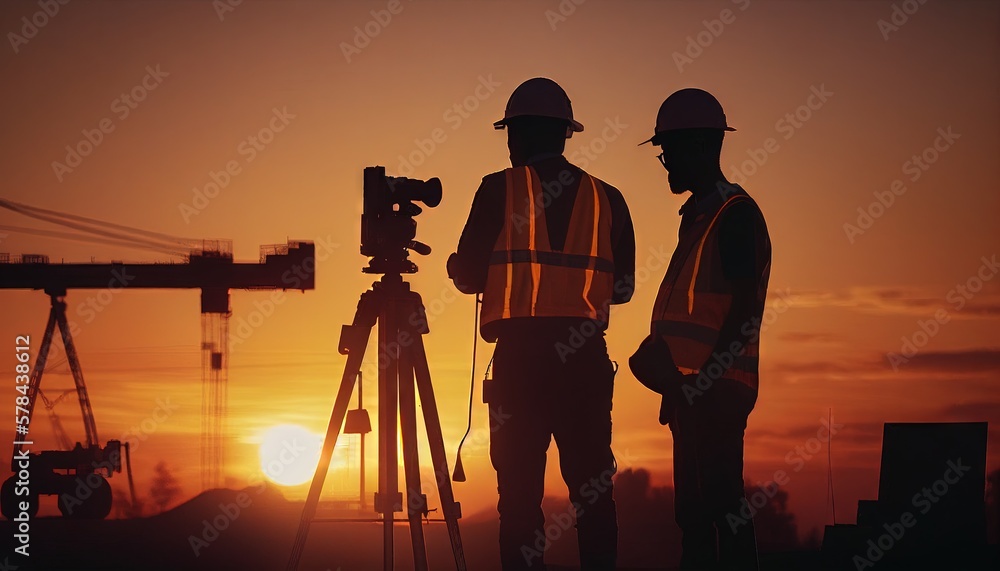 Fototapeta premium Silhouette of Engineer and worker checking project at building site background, the construction site at sunset in the evening time. Generative AI.