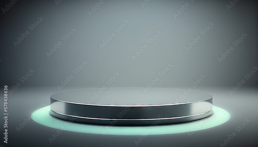 Silver Pedestal of platform display with neon modern stand podium on white room background. 3D rendering. Generative AI.