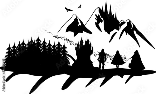 Gruppe von Fantasy Charakteren in schöner Landschaft mit Bergen, Burg und Wald