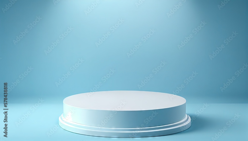 Studio template and white round shape pedestal on light blue background with spotlight product shelf. Blank studio podium for product advertising. 3D rendering. Generative AI. Studio template and white round shape pedestal on light blue background with spotlight product shelf. Blank studio podium for product advertising. 3D rendering. Generative AI.