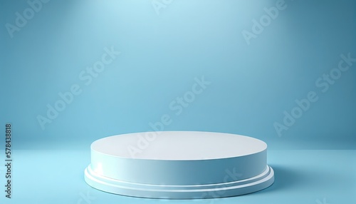 Studio template and white round shape pedestal on light blue background with spotlight product shelf. Blank studio podium for product advertising. 3D rendering. Generative AI.