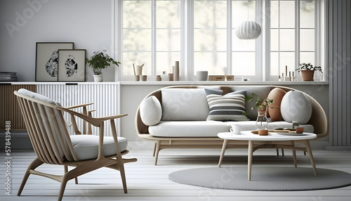 Scandinavian design furniture  on white wood wall  3d render  generative ai