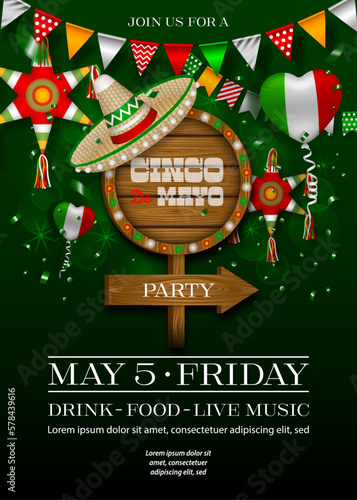 cinco de mayo poster with wooden signboard and sombrero. mexican party flyer with balloons, pennants and star pinata
