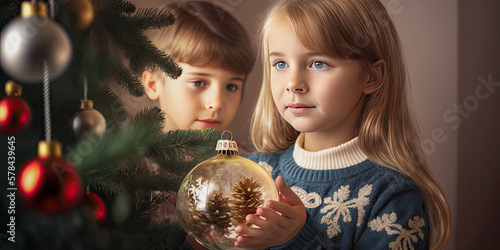 Children put christmas balls on the tree - Generative AI