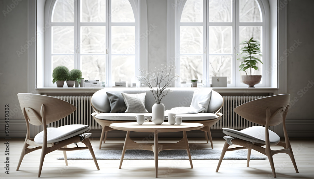 Scandinavian design furniture, on white wood wall, 3d render, generative ai