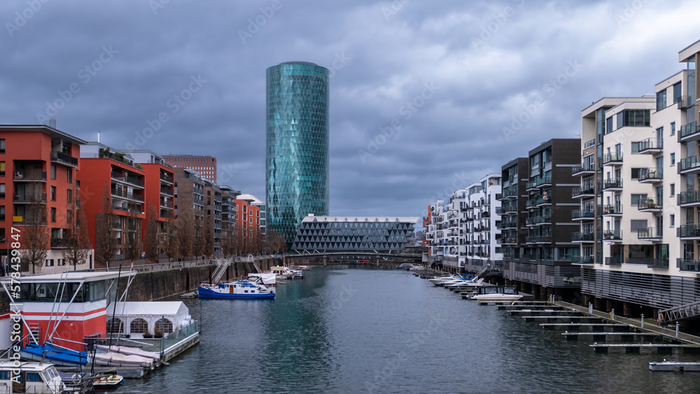 Frankfurt am Main, Germany - January 29, 2023: West Harbor living area in Frankfurt am Main, Germany, by overcast weather.