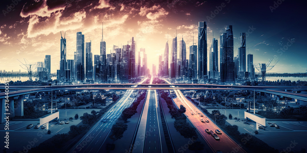 Modern city with infrastructures and buildings - Generative AI Modern city with infrastructures and buildings - Generative AI