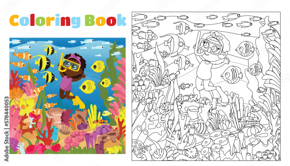 Coloring book for children from 4 to 11 years old. Under the water near the coral reefs, an aquadiver girl swims with fish.Cute baby is happy. Rich underwater marine world with many details.