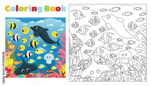 Coloring book for children from 4 to 11 years old. Rich underwater world and many fish, algae and plants. A lot of tropical fish, dolphin and stingray swim near the coral reefs, algae, reefs.
