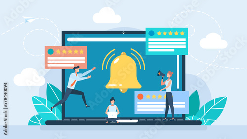 Notification bell on laptop screen. Messages for incoming inbox. Computer online chat notices. Desktop pc with chatting bubble notifications, messaging, online communication. Vector illustration