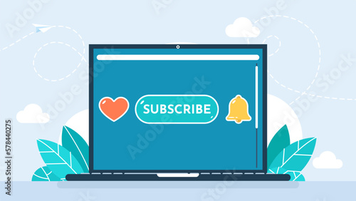Social media marketing and increasing audience. Laptop for networking and collecting likes and comments. Concept browsing networks for chatting and getting likes and hearts. Flat vector illustration