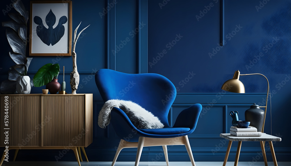 Scandinavian design furniture, on royal blue wall, 3d render, generative ai