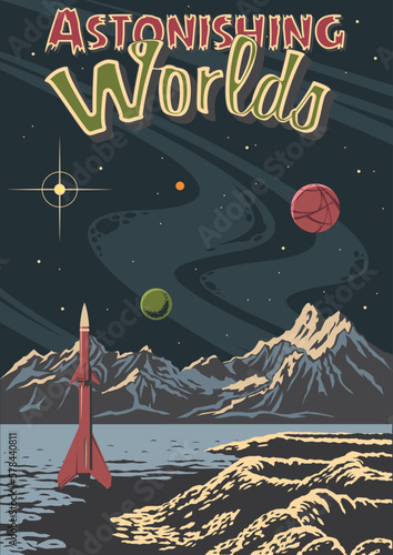 1950-1960s Retro Futurism Style Space Poster. Fantastic Vintage Sci Fi Illustration