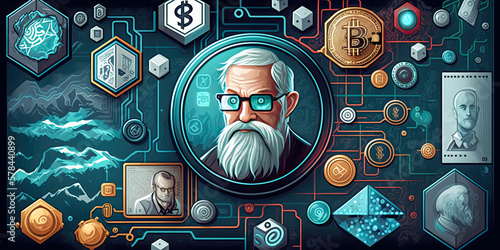 Cryptocurrencies and Blockchain Cartoon Illustration - Generative AI