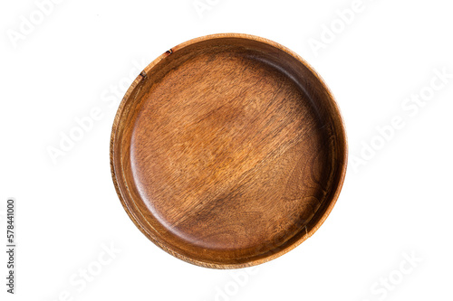 Food cooking and healthy eating background, Empty wooden craft plate on table. Isolated, transparent background