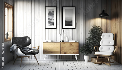 Scandinavian design furniture  on white wood wall  3d render  generative ai