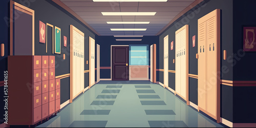 Empty School Corridor Interior With Row Of Lockers - Generative AI