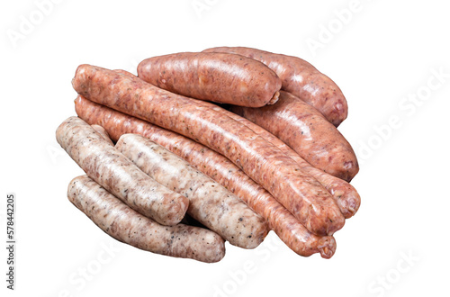 Sausages variation in steel tray. Raw Sausages with Beef, pork, lamb and chicken meat.  Isolated, transparent background