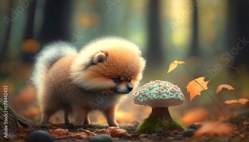 Curious Pomeranian Dog Sniffs Mushroom in the Forest