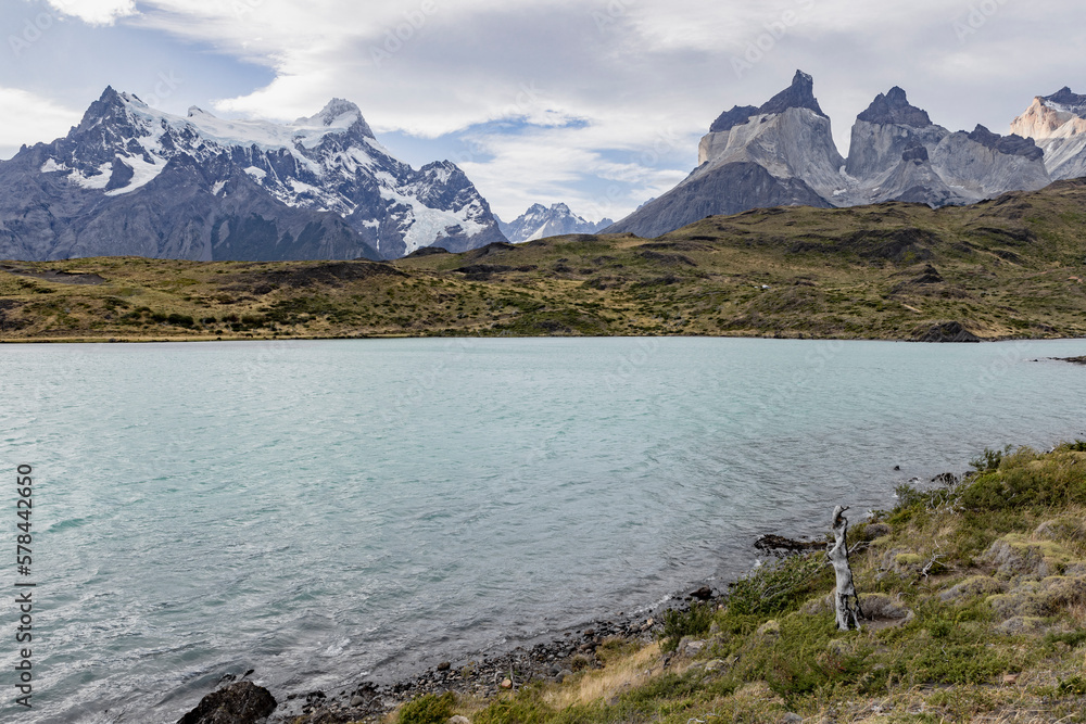 Lake and snowy mountains of Torres del Paine National Park in Chile, Patagonia, South America