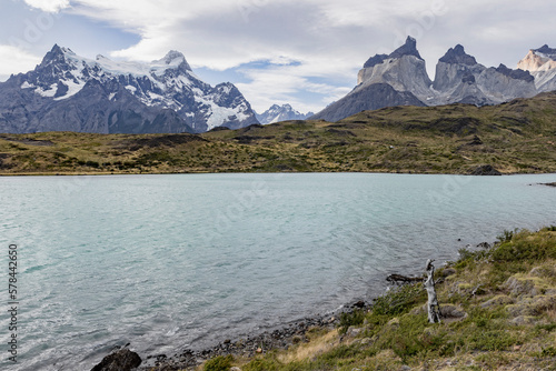 Lake and snowy mountains of Torres del Paine National Park in Chile, Patagonia, South America