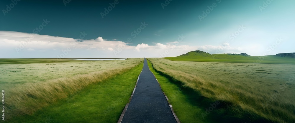 Endless landscape with a road along green grasslands. Generative AI
