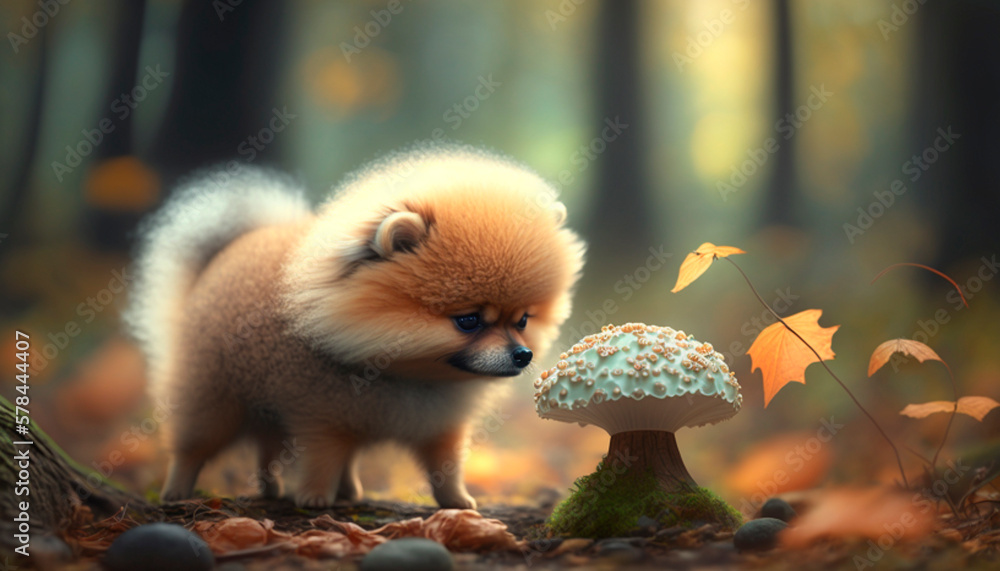 Curious Pomeranian Dog Sniffs Mushroom in the Forest Curious Pomeranian Dog Sniffs Mushroom in the Forest