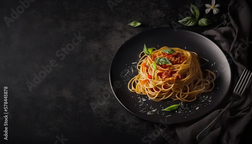 Black plate with italian spaghetti on black table, view from above. Copy space. Based on Generative AI