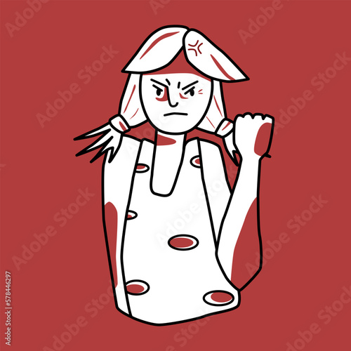 Angry girl, irritated emotion, red and white.