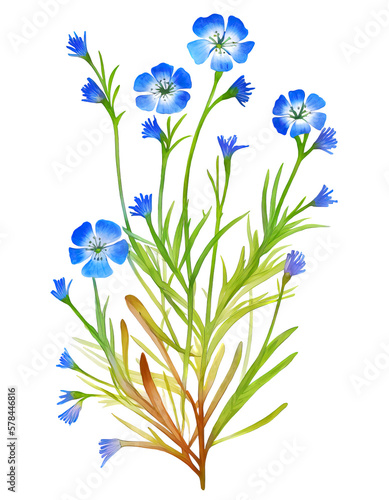 Flax (linseed) plant isolated on white background. Generative AI illustration in watercolor style