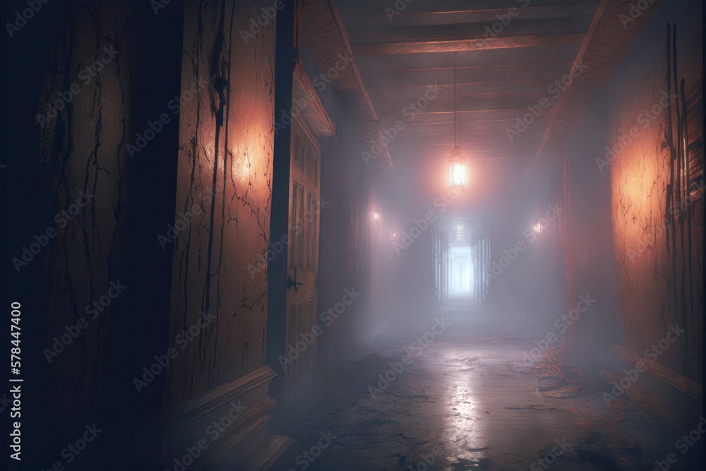 Red glow and supernatural fog haunting a semi-dark corridor of an abandoned house. Generative AI illustration