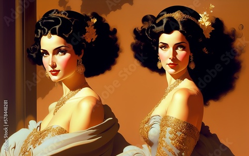 beautiful caucasian women, wavy and collected dark hair, white dresses, light brown background