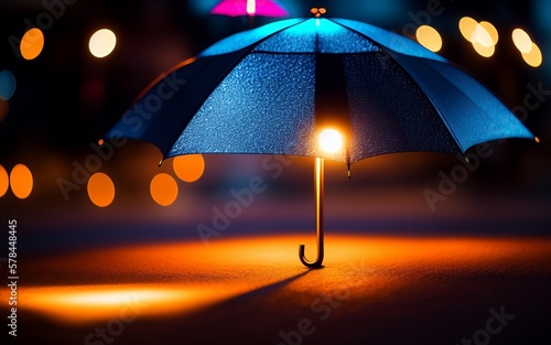 dark blue umbrella, on the ground with blurred background and flashes of light