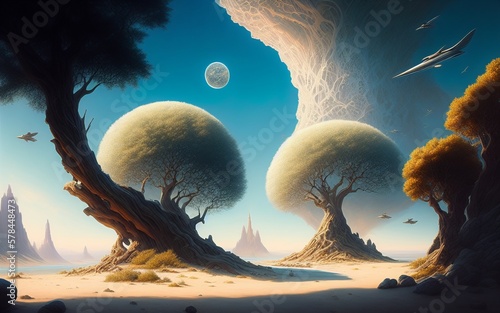 trees in an unreal world, white leaves, outer space, space nabes in an azure blue sky