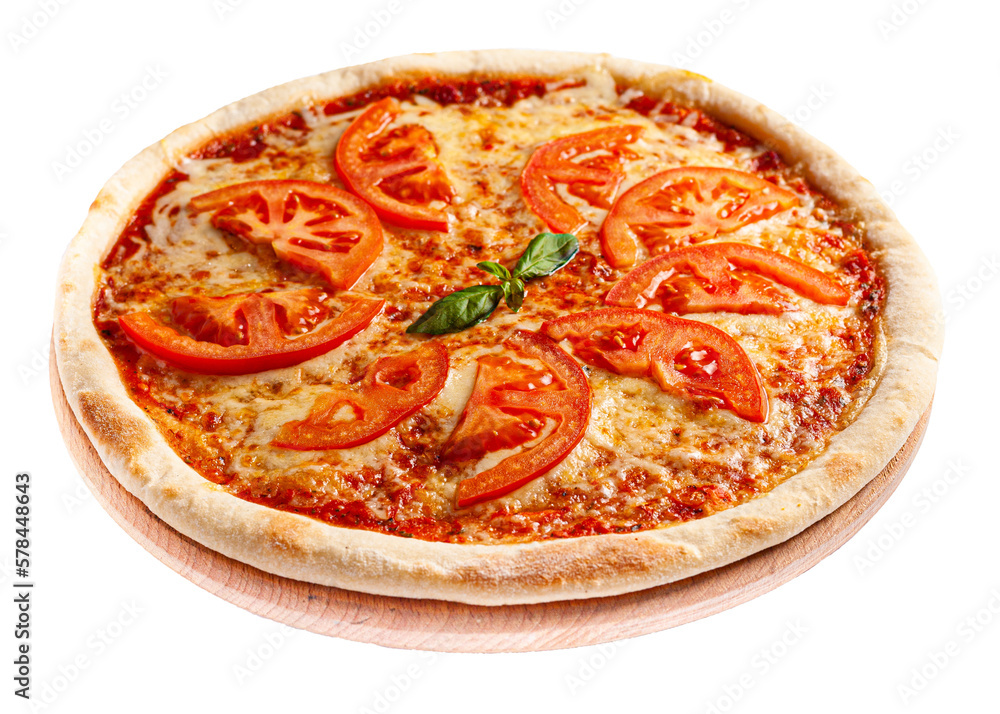 Appetizing pizza on the board on the side view on a transparent background. The background is cut out. Appetizing pizza on the board on the side view on a transparent background. The background is cut out.