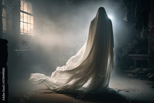 A scary halloween ghost spirit in a haunted house. Generative ai