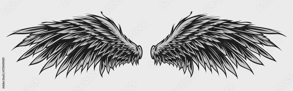 Wings Illustration in tattoo style isolated hand drawn. Design element for any purpose such as card, emblem, sign, badge, poster, flyer, t-shirt, and sticker. Vector illustration Wings Illustration in tattoo style isolated hand drawn. Design element for any purpose such as card, emblem, sign, badge, poster, flyer, t-shirt, and sticker. Vector illustration
