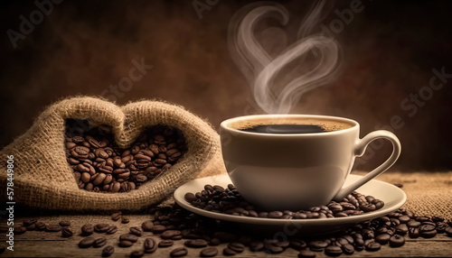Cup of hot coffee and coffee beans on dark rustic background. Copy space. Based on Generative AI