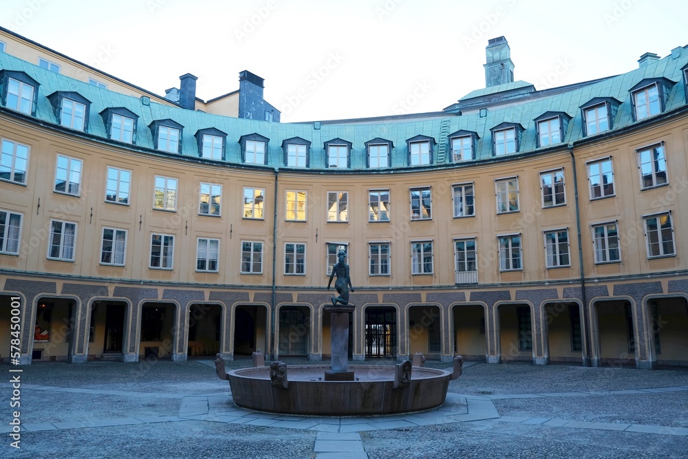 Stockholm, Sweden: Square of Branting - Brantingtorget round public square named after Prime Minister Hjalmar Branting with fountain. 