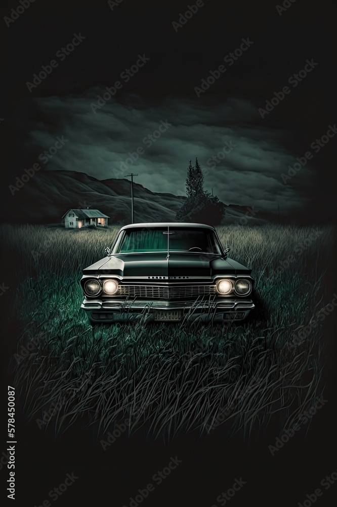 Car in a field at night