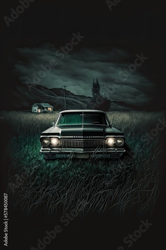 Car in a field at night