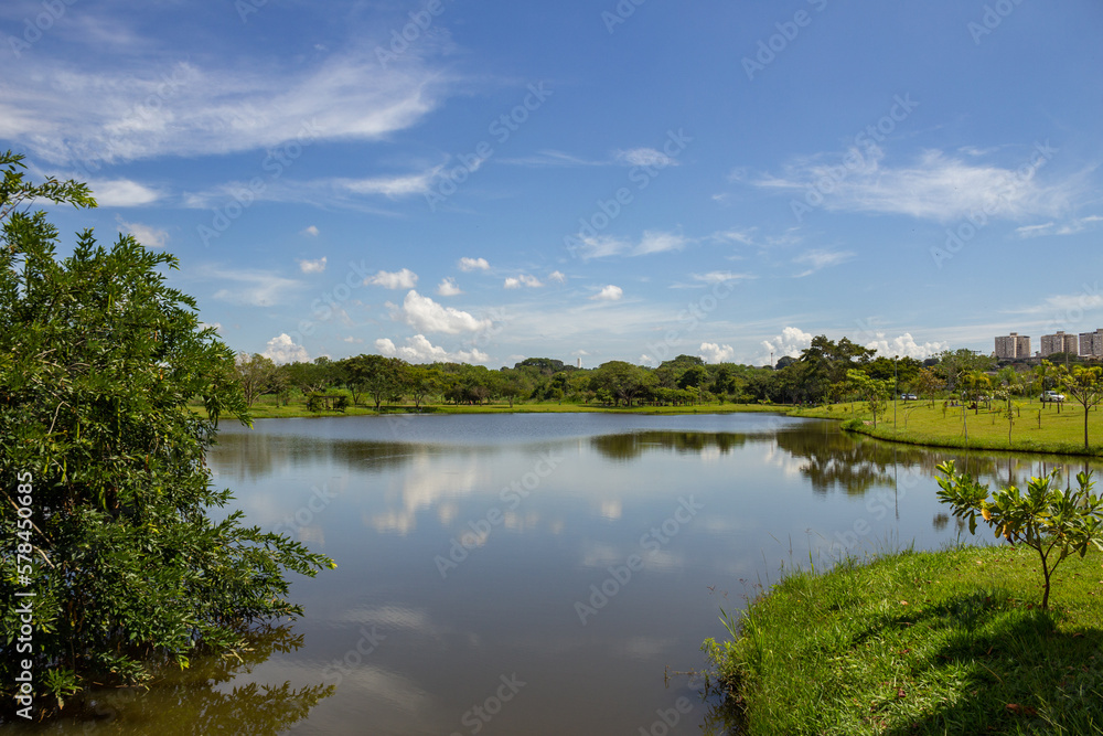 Uma paisagem do Parque Leolídio di Ramos Caiado na cidade de Goiânia com um pequeno lago e vegetação verde e fresca.