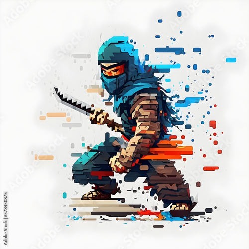 blue ninja in pixel style on a white background